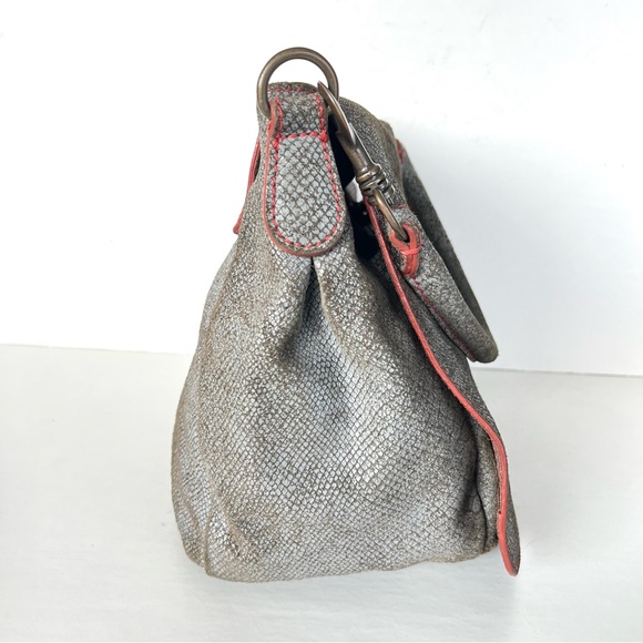 LIEBESKIND Berlin Gray Snake Print Leather Red Stitching Flap Shoulder Bag Tote - Picture 3 of 16